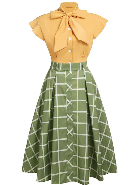 2PCS 1950s Bow Plaid Blouse & Skirt