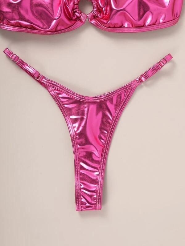 Women Metallic Ring Linked Bandeau Thong Bikini Swimsuit