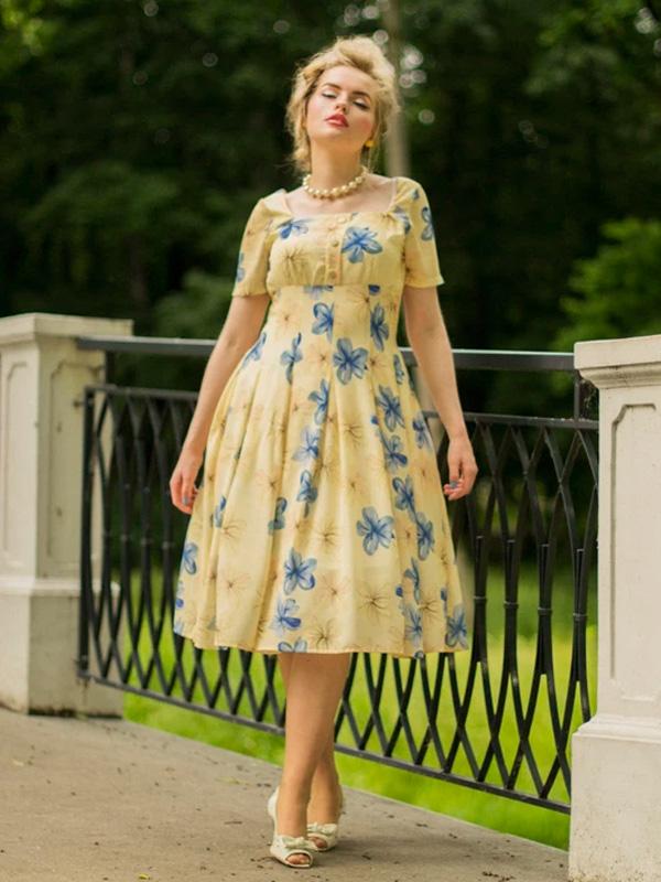 Yellow 1950s Floral Lace Swing Dress