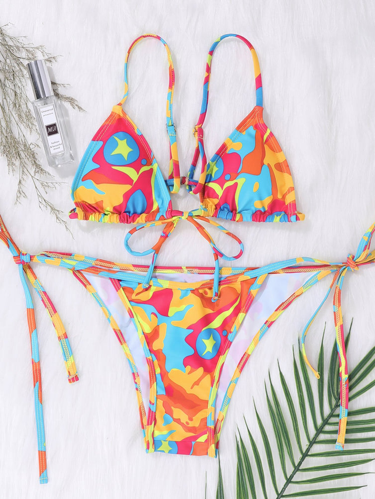Upopby Sexy Tie-Dye Print String Bikini Thong Swimsuit