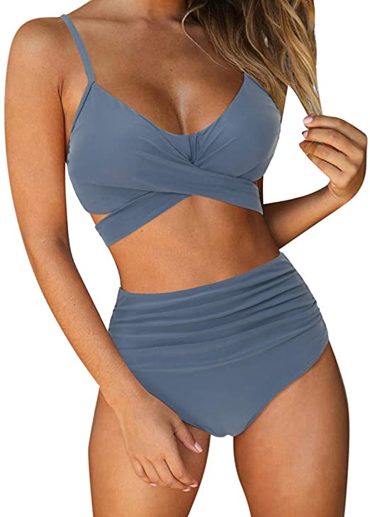Ladies High Waist String 2 Piece Swimsuit blue