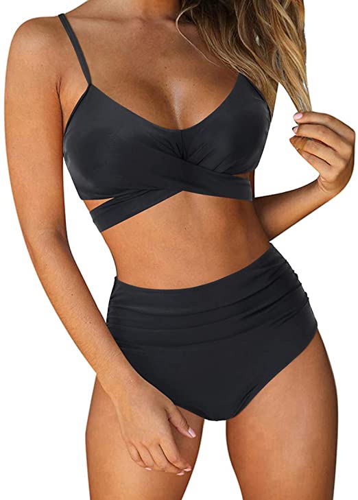 Ladies High Waist String 2 Piece Swimsuit black