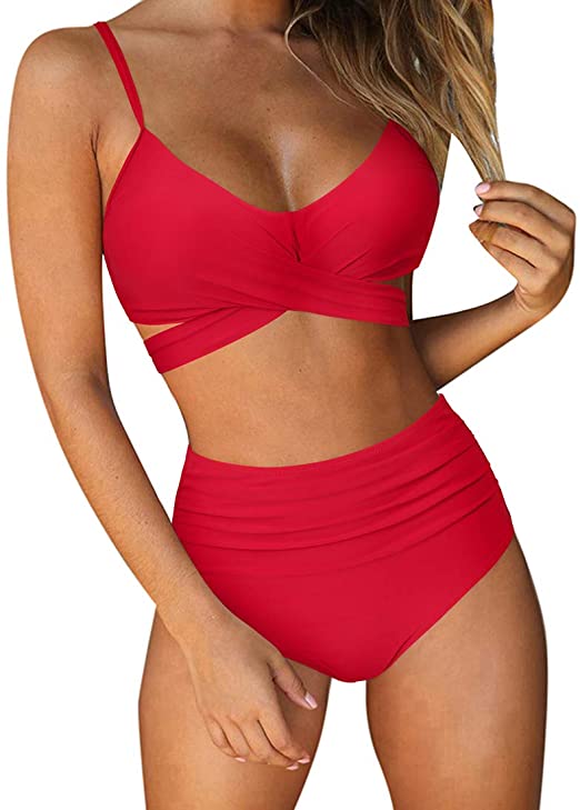 Ladies High Waist String 2 Piece Swimsuit red