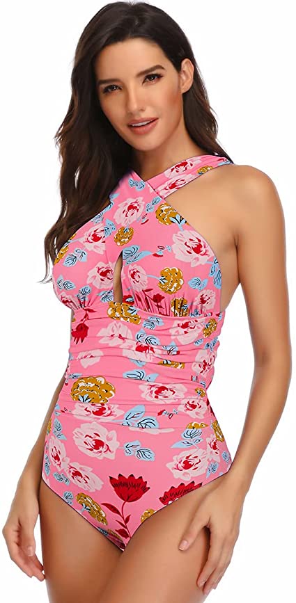 Upopby Fashion Cross Halter One-Piece Swimsuit Belly Control Swimsuit red