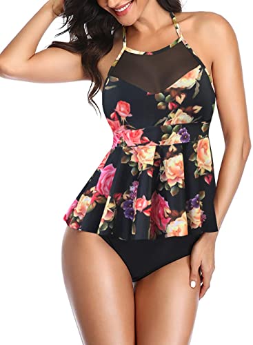 Ladies Mesh Abdominal Two-Piece Swimsuit flower