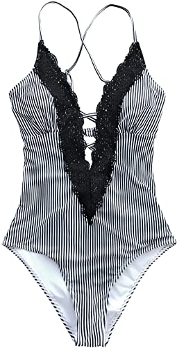 Upopby Deep V-Neck Retro Lace Fashion One-Piece Swimsuit overview