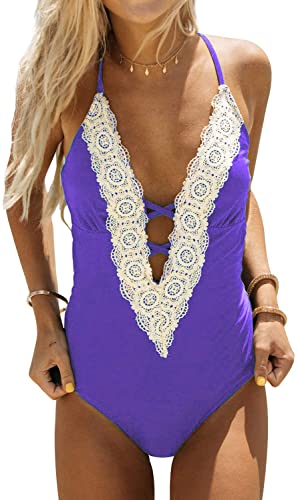 Upopby Deep V-Neck Retro Lace Fashion One-Piece Swimsuit purple