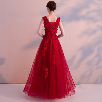 Elegant burgundy long lace ball gown
