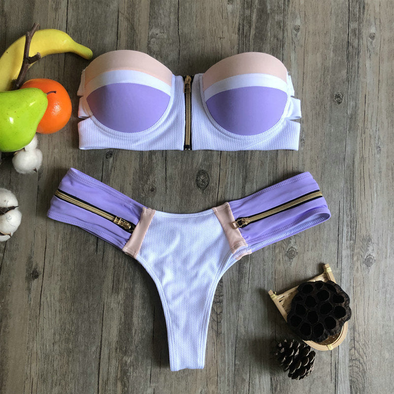 color block zip micro bikini thong bikini