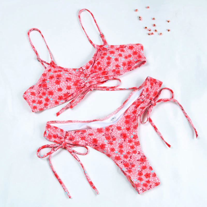 Upopby Floral Printed String Bikini High Cut Micro Thong Bikini Set