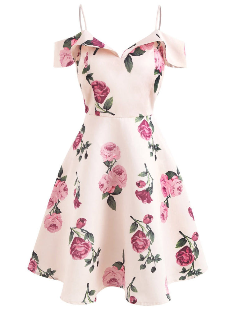 Pink 1950s Floral Spaghetti Strap Dress