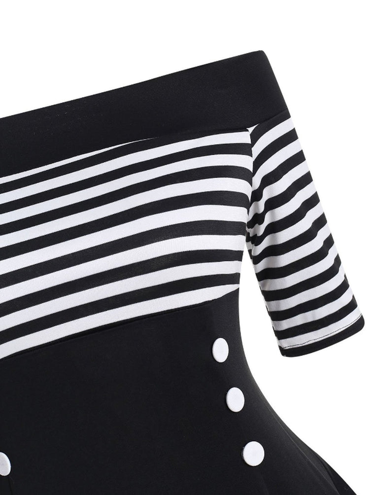 Black 1950s Striped Off Shoulder Dress