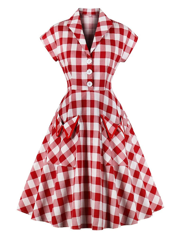 Red 1950s Pockets Plaid Dress