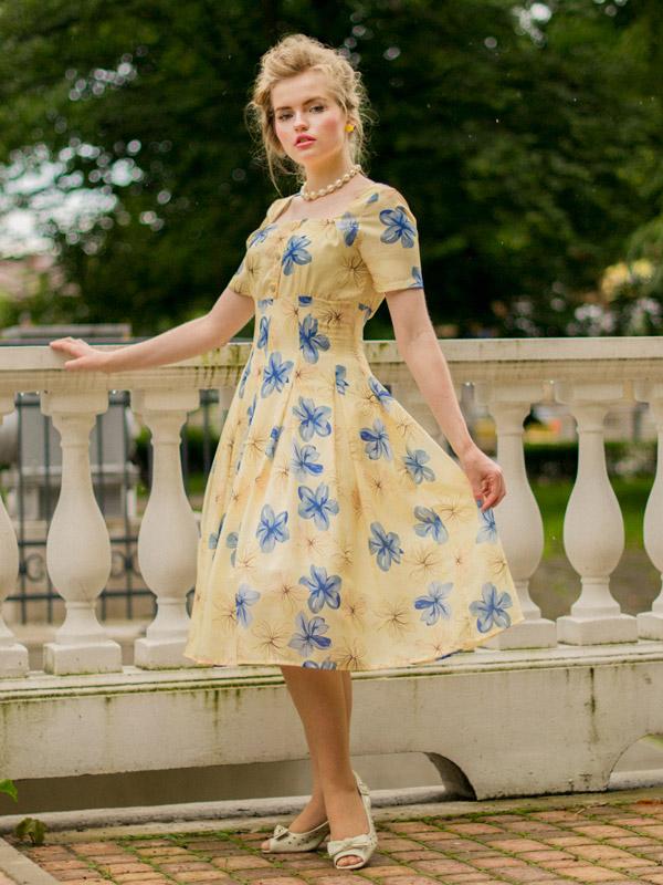 Yellow 1950s Floral Lace Swing Dress
