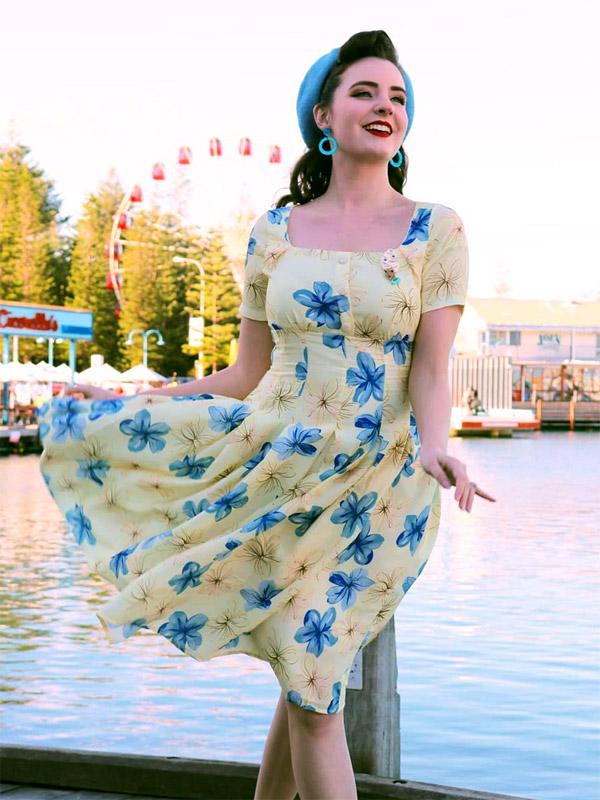 Yellow 1950s Floral Lace Swing Dress