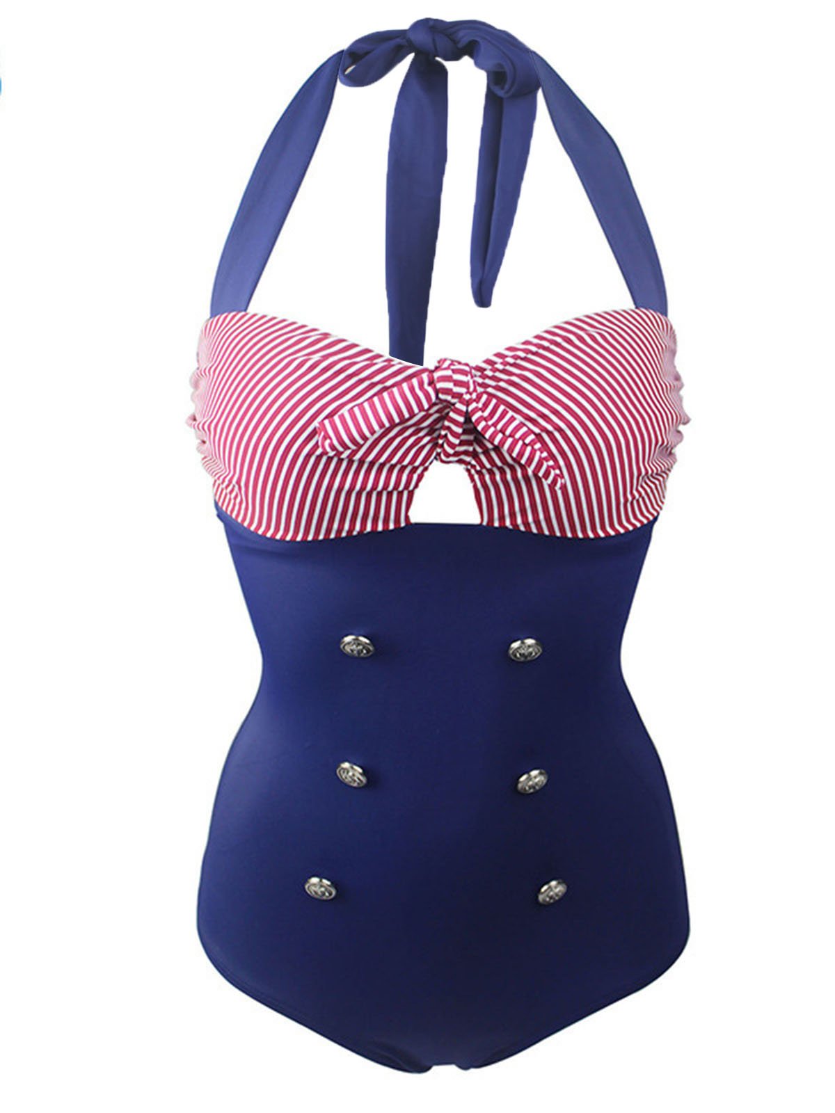 Upopby Stripe Patchwork Halter One-Piece Swimsuit overview