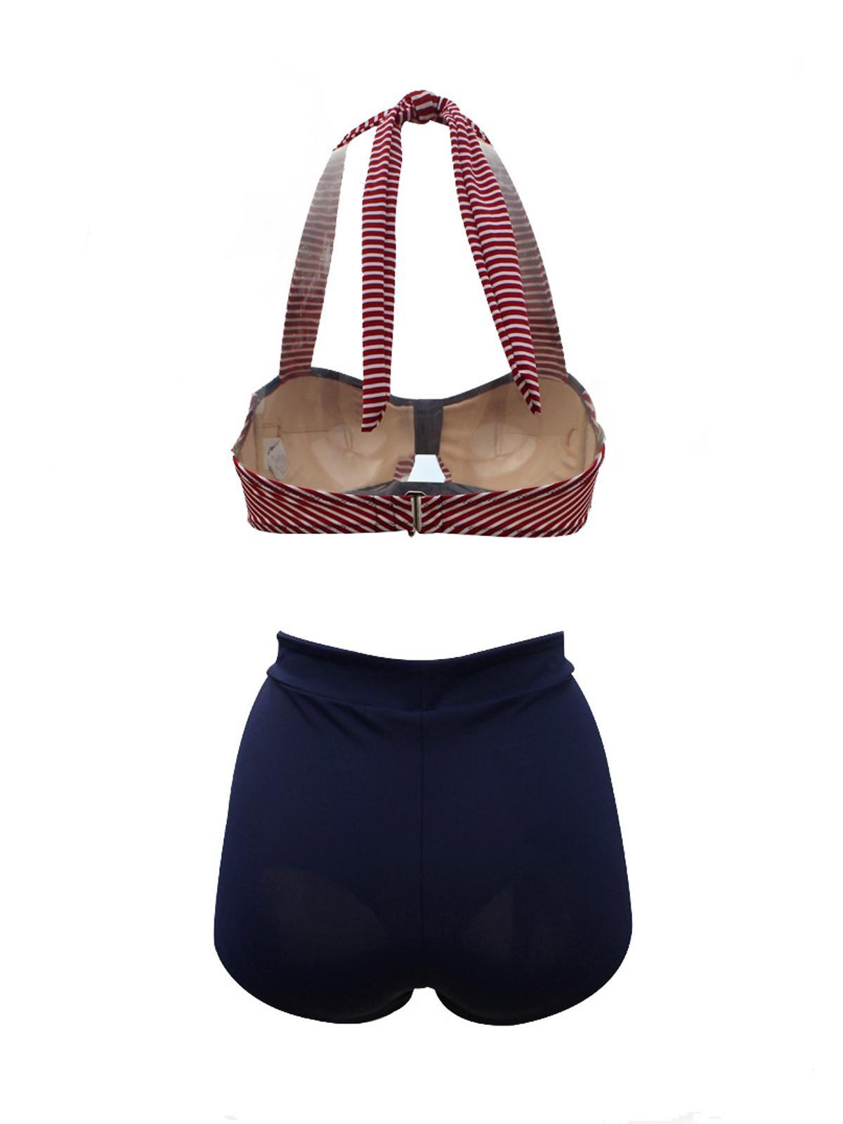 Stripe Patchwork Bow Halter Bikini