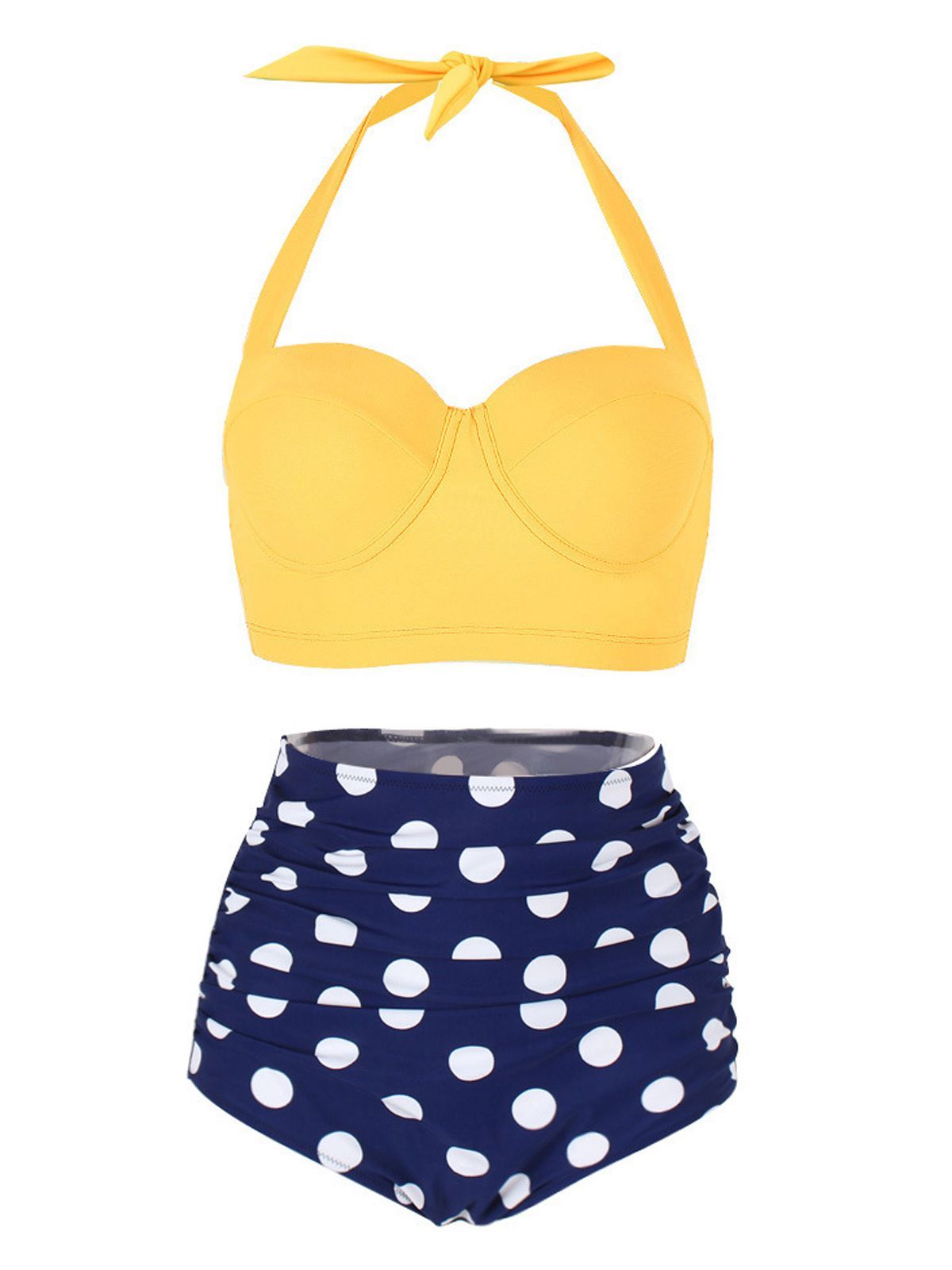 Upopby Polka Dot Halter Pleated Bikini Yellow Navy