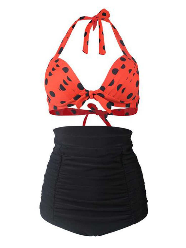 Pleated Polka Dot Halter Bikini