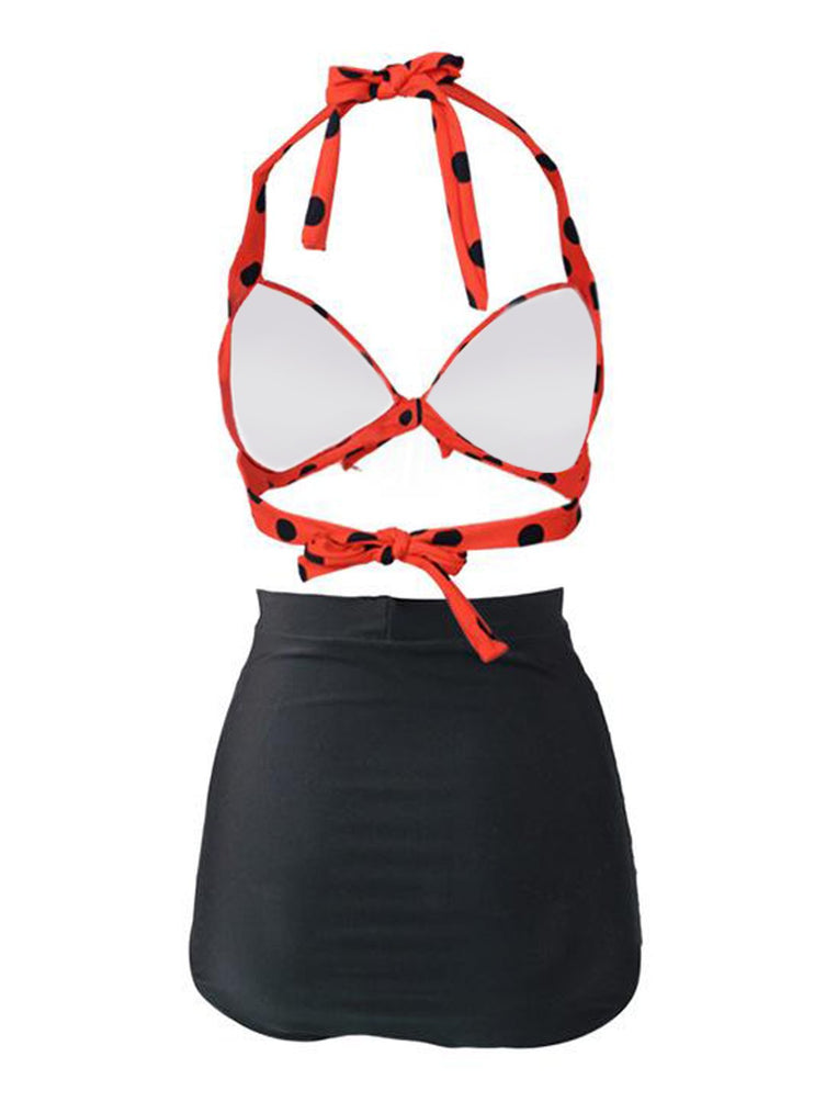 Pleated Polka Dot Halter Bikini