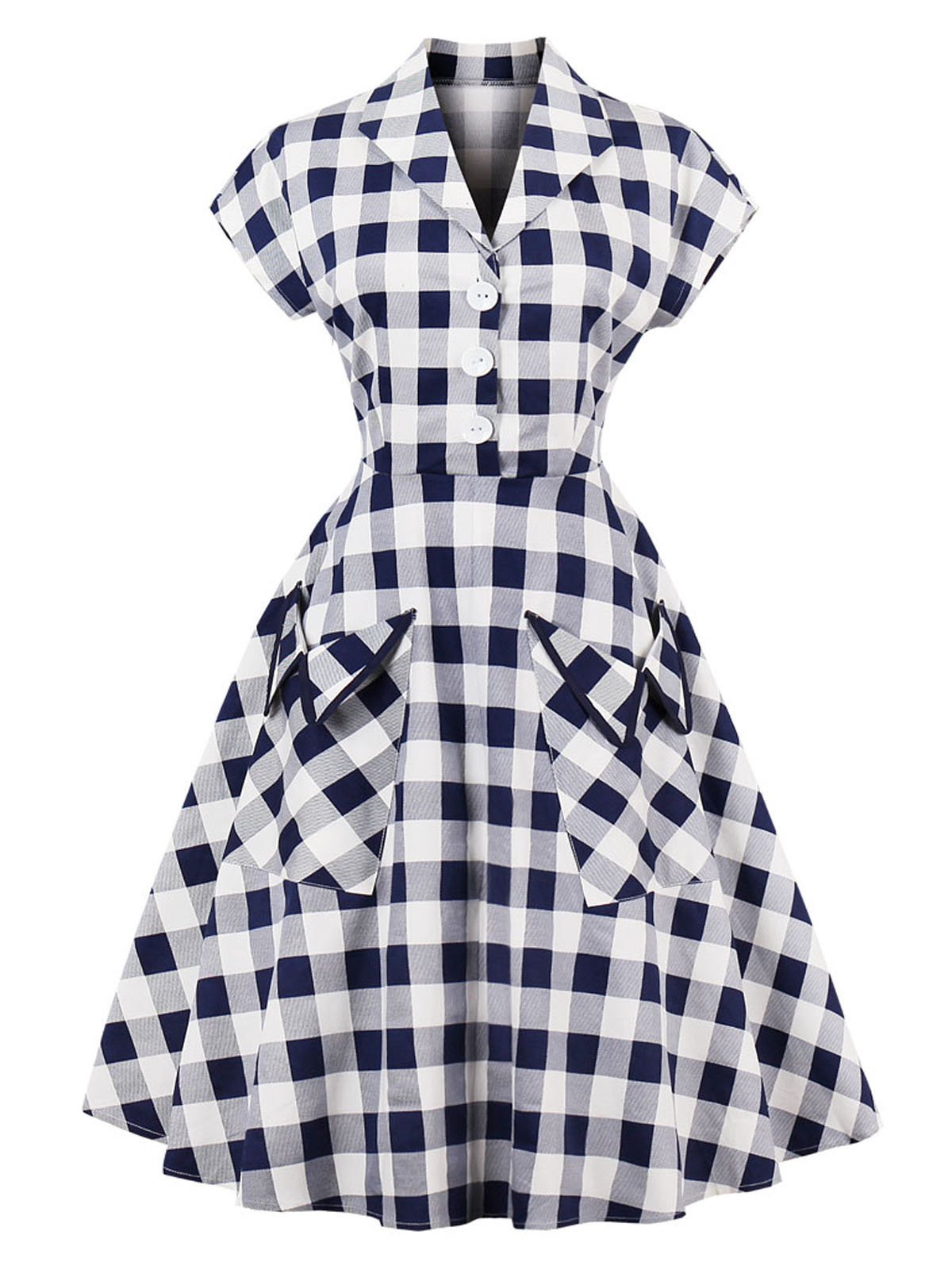 Blue White 1950s Pockets Plaid Dress