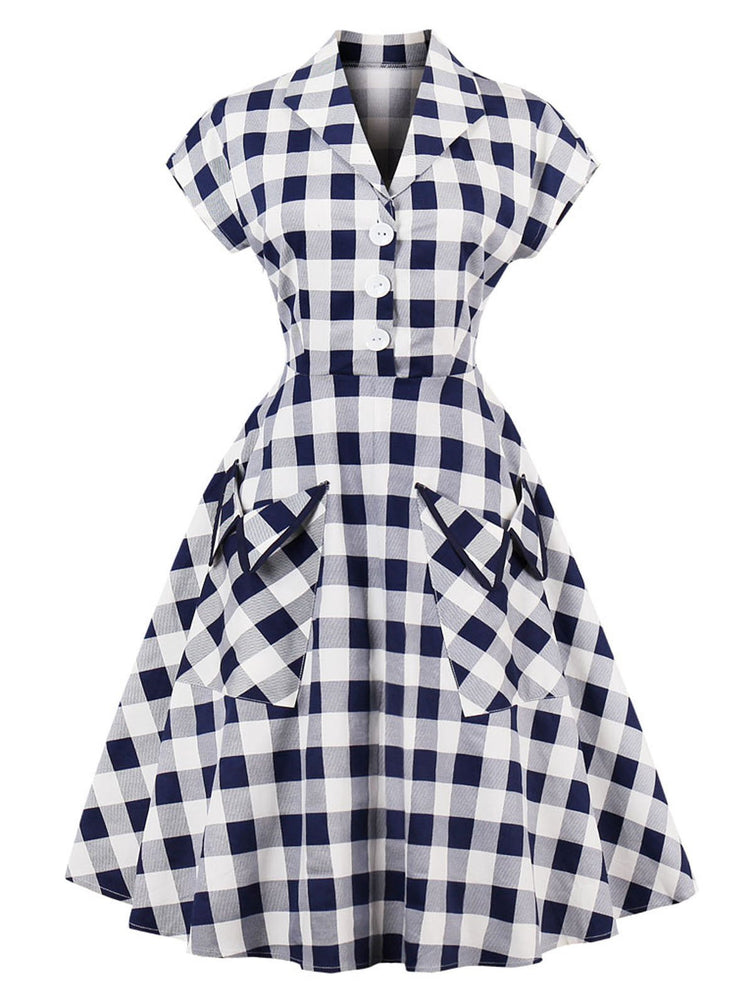 Blue White 1950s Pockets Plaid Dress