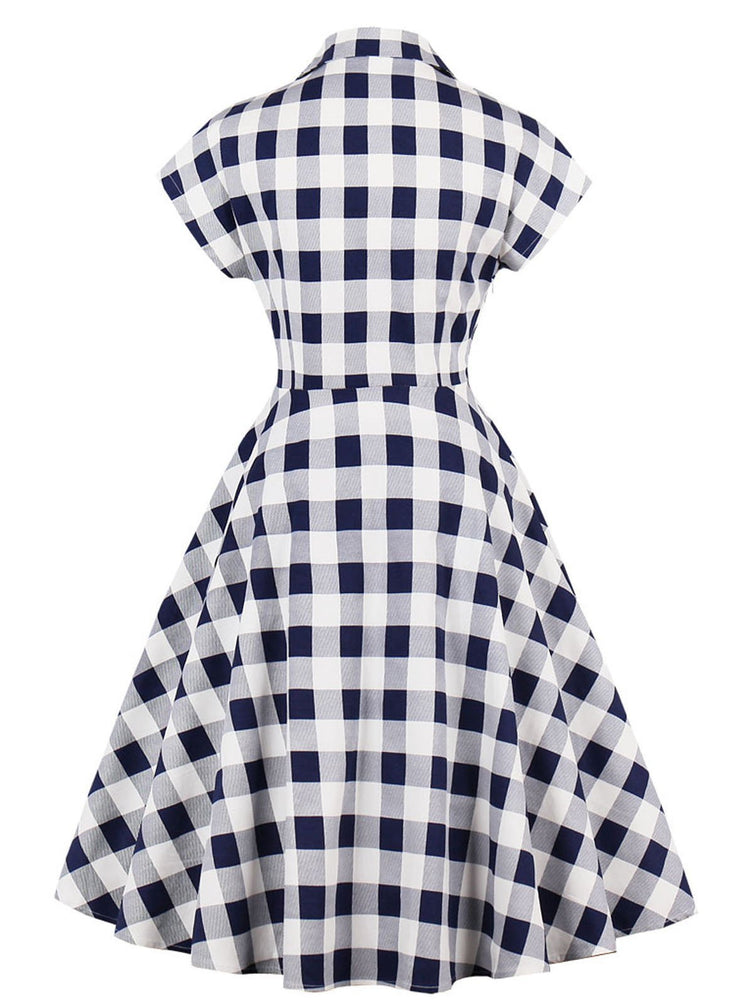 Blue White 1950s Pockets Plaid Dress