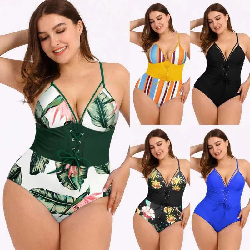 Upopby Print Tunic Corset Plus Size One-Piece Swimsuit