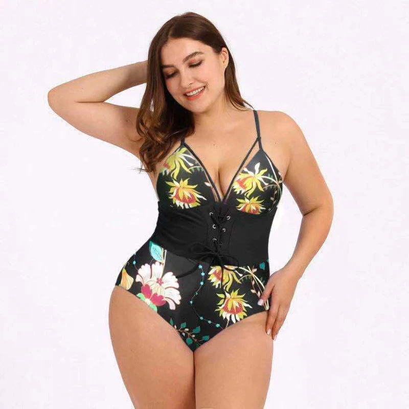 Upopby Print Tunic Corset Plus Size One-Piece Swimsuit