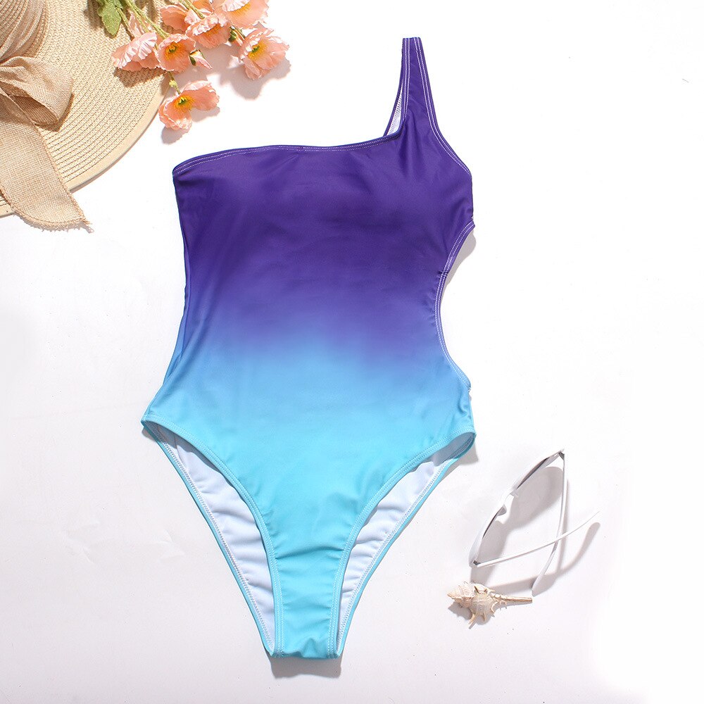 Upopby Gradient One-Piece Swimsuit One Shoulder Hollow Swimwear