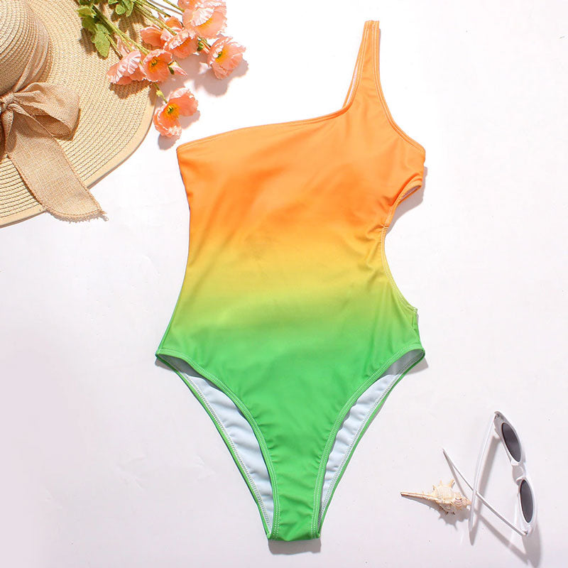 Upopby Gradient One-Piece Swimsuit One Shoulder Hollow Swimwear