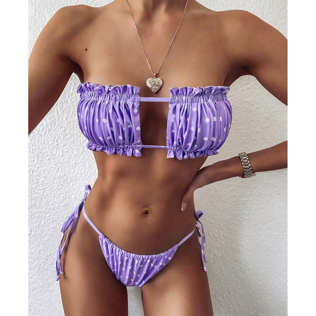 Upopby Pleated Bandeau Swimsuit Micro Thong Bikini Set