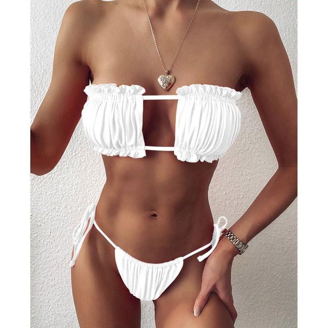 Upopby Pleated Bandeau Swimsuit Micro Thong Bikini Set